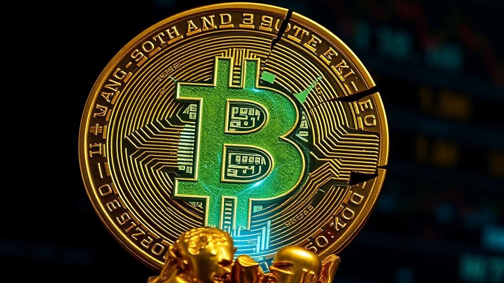 A cracking golden Bitcoin statue reveals a flickering stock market ticker inside, symbolizing the fading 'digital gold' narrative.