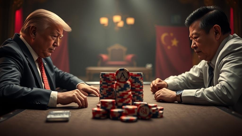 A dramatic scene of a high-stakes poker game, with players representing the US and China betting with AI chips.