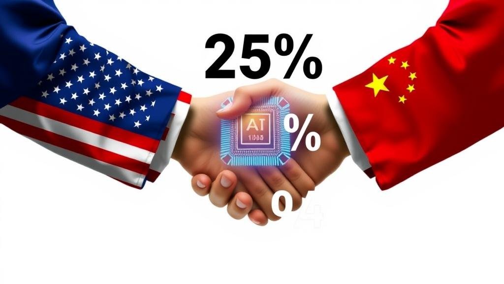 A striking image representing the new US-China trade agreement on AI chips with a handshake over a glowing chip.