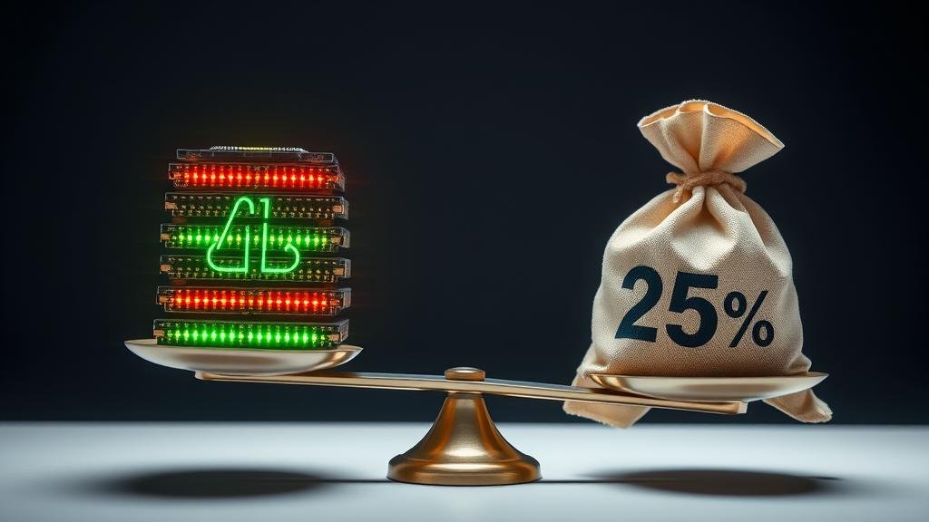 A visual metaphor of a balancing scale with AI chips on one side and a 25% money bag on the other, representing the industry trade-off.