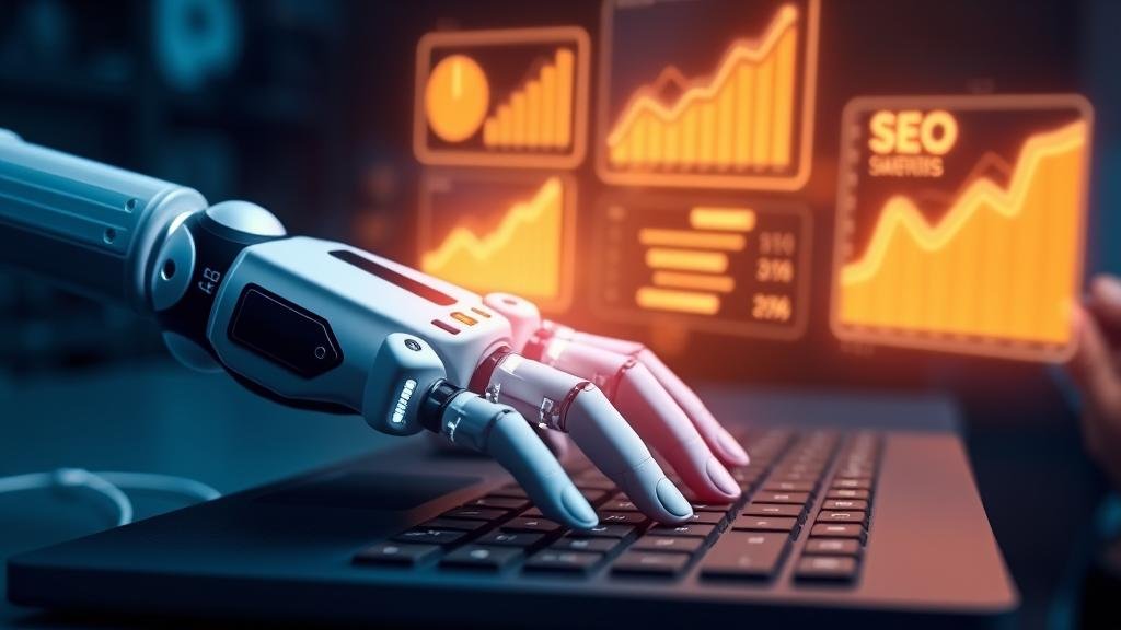 An AI robot and a human hand collaborating over a keyboard, with glowing SEO icons floating above.