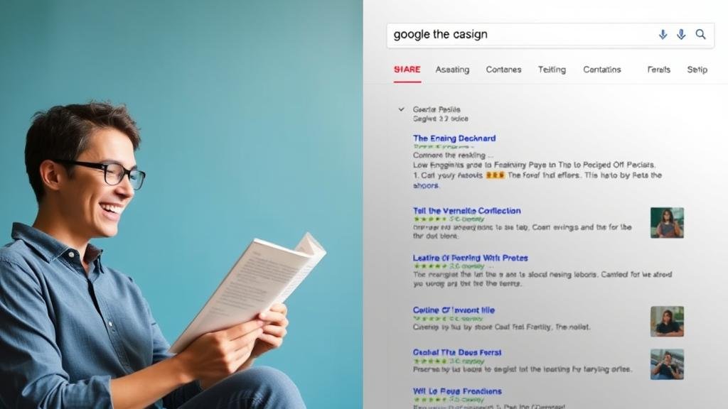 A split image showing a happy reader on one side and a top-ranked search result on the other.