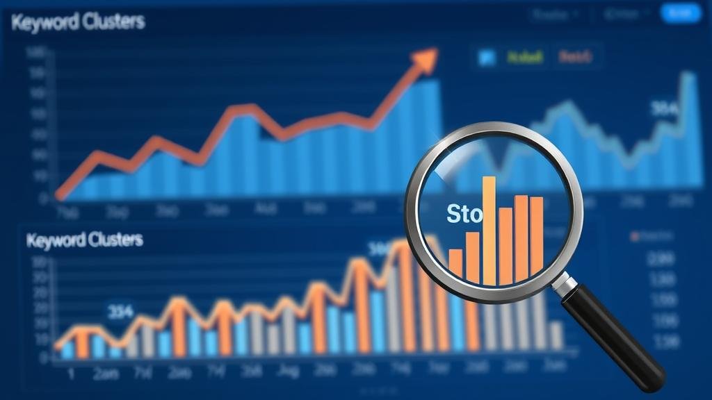 Dynamic data visualization showing upward-trending graphs and keyword clusters being analyzed.