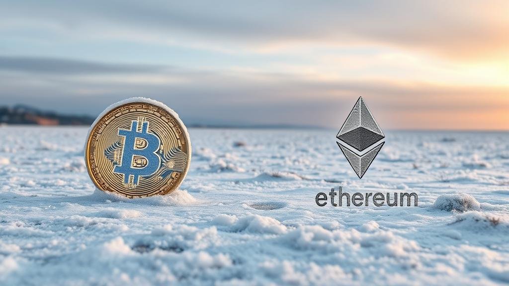 A frozen, desolate landscape with frosted-over Bitcoin and Ethereum logos.