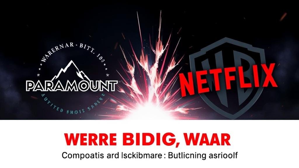 A dramatic movie poster depicting the logos of Paramount and Netflix clashing over the Warner Bros. Discovery catalog, igniting a corporate bidding war.