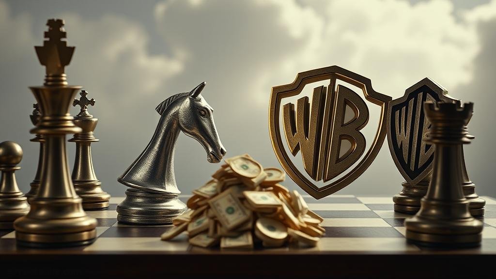 An epic scene of a corporate chess match, where one king piece, representing Paramount, aggressively makes a hostile bid to take over the opposing Warner Bros. Discovery king, with a massive pile of cash on the board.