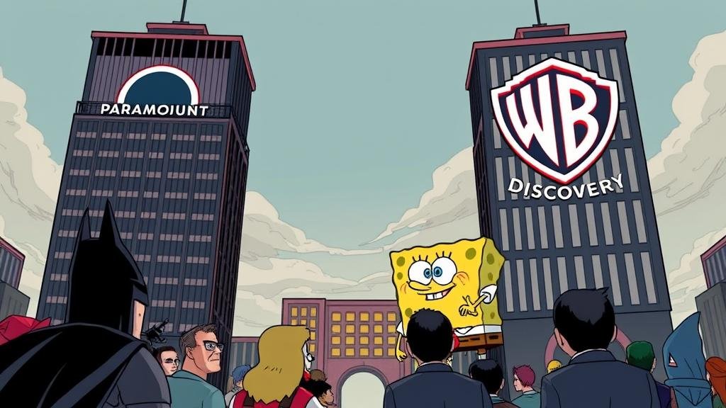 An illustration in the style of a prestige TV drama, showing iconic characters like Batman and SpongeBob looking up nervously as two giant, imposing corporate buildings representing Paramount and Warner Bros. Discovery face off in a dramatic, high-stakes confrontation.