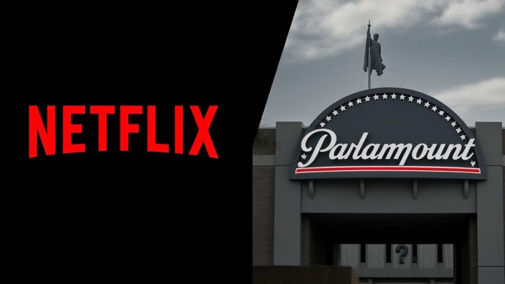 A split image showing the two contenders: Netflix, representing the new guard of streaming, and Paramount, representing the old guard of Hollywood legacy studios.
