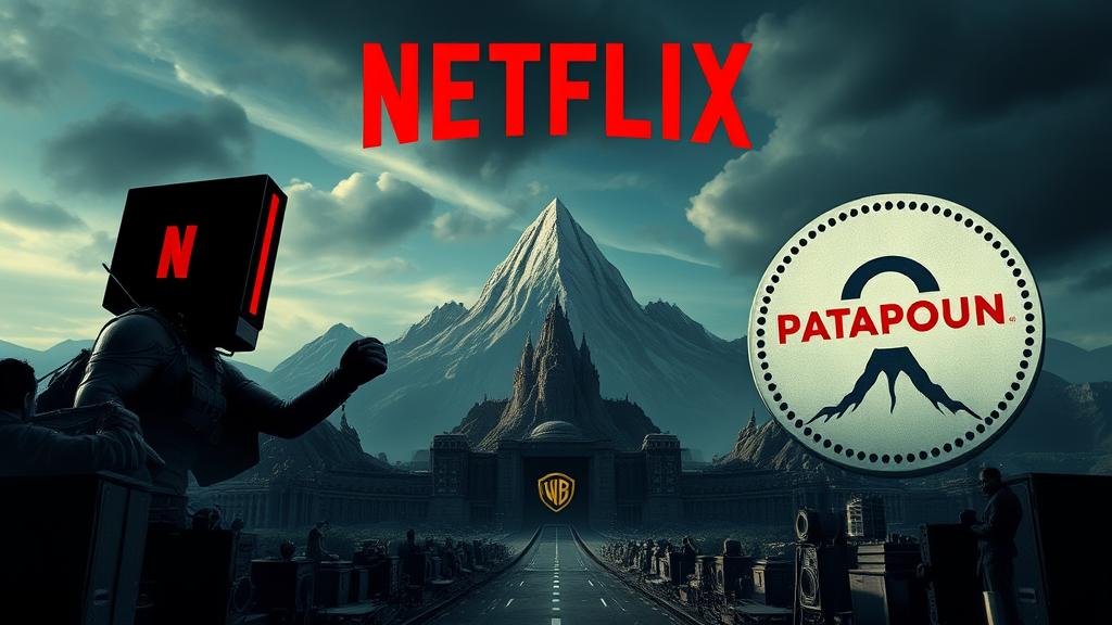 A dramatic face-off between Netflix and Paramount, depicted as two giants battling over a media empire that includes Warner Bros. Discovery and CNN.