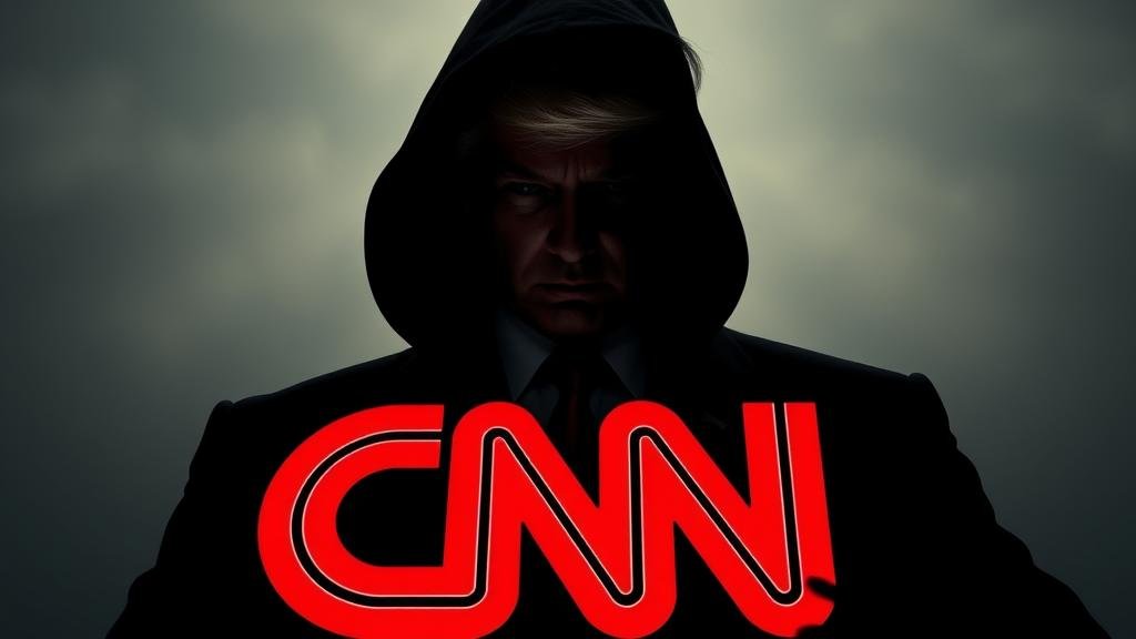 A shadowy figure with connections to Donald Trump, representing Jared Kushner, looms over the CNN logo, raising questions about editorial independence and the future of news.