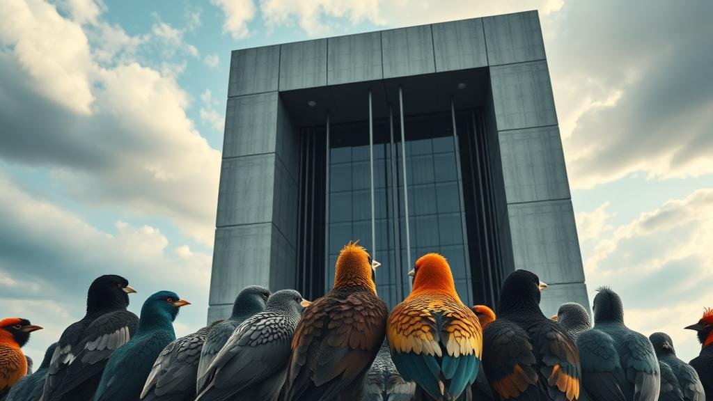 Colorful birds representing freelancers look back apprehensively as they are guided into a monolithic grey corporate building.